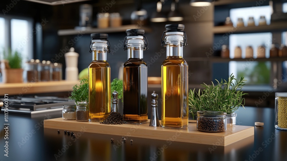 Various cooking oils, balsamic vinegar, and fresh herbs arranged on a wooden board in a warm kitchen environment, evoking a culinary atmosphere Various cooking oils, balsamic vinegar, and fresh herbs arranged on a wooden board in a warm kitchen environment, evoking a culinary atmosphere