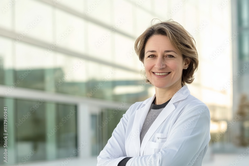 A confident female healthcare professional stands outdoors, smiling as she wears a white coat, symbolizing trust, competence, and dedication in the medical field. A confident female healthcare professional stands outdoors, smiling as she wears a white coat, symbolizing trust, competence, and dedication in the medical field.