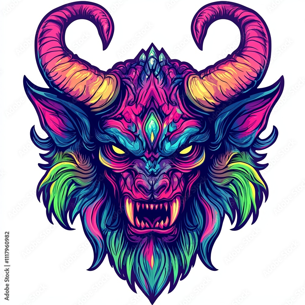Fototapeta premium Vibrant, fierce mythical beast head with horns and sharp teeth.