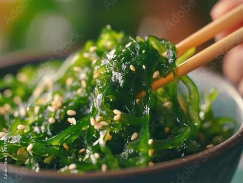 Hand dipping seaweed and sesame seeds mixture into bowl for healthy, macrobiotic meal. Popular sushi topping.