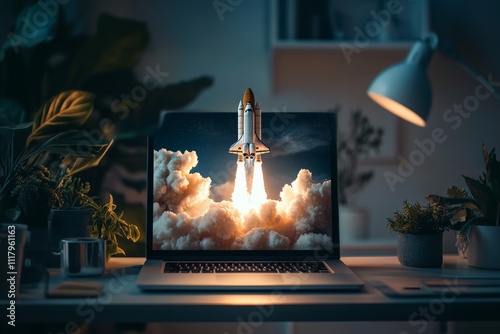A powerful and inspiring image of a shuttle launching into a starry sky from a laptop screen, symbolizing late-hour ambition and cosmic breakthroughs in life and technology.