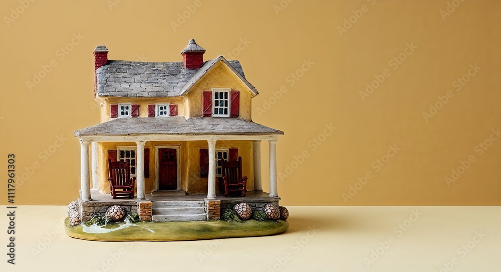 A traditional farmhouse figurine with a front porch and rocking chairs on a plain golden yellow background A traditional farmhouse figurine with a front porch and rocking chairs on a plain golden yellow background