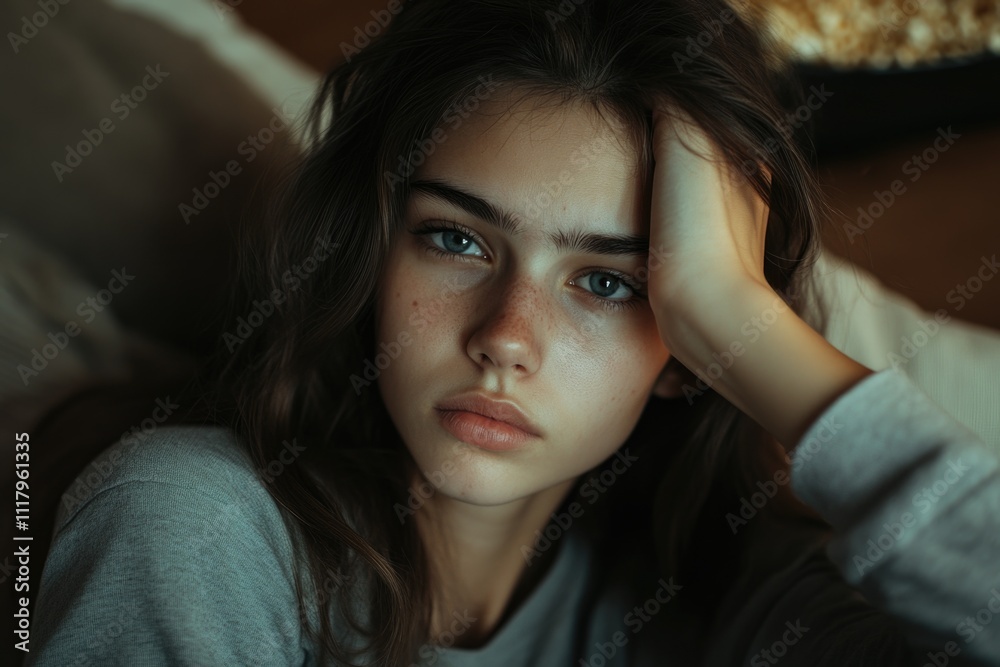 Young woman reflective expression with hand on her face, in a comfortable domestic setting. Young woman reflective expression with hand on her face, in a comfortable domestic setting.