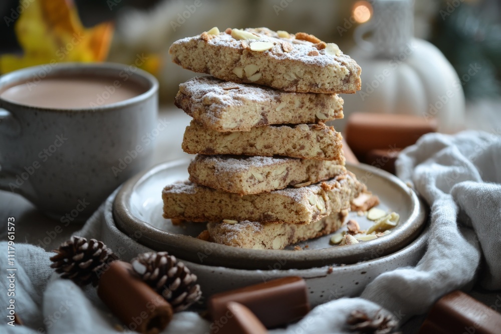 A tempting stack of almond shortbread cookies is displayed alongside a warm drink, surrounded by cozy seasonal decor elements including cinnamon and pinecones.