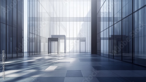 Wallpaper Mural Modern glass building interior with sunlight streaming through large windows, showcasing a spacious and bright lobby area with sleek design. Torontodigital.ca