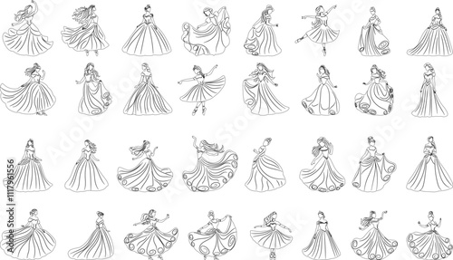 set of princess, queen sketch, outline on white background, vector