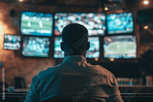 A back view of a person wearing formal attire is shown as they are deeply engrossed in various sports media on multiple displays, highlighting enthusiasm and engagement.