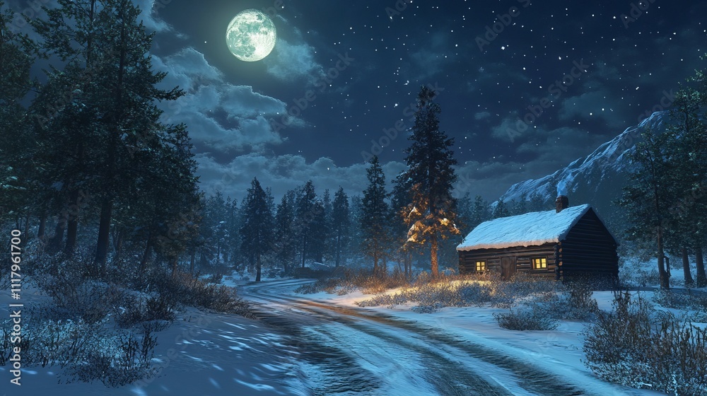 Winter Night in a Snowy Forest with Cabin and Moonlight. AI generated illustration Winter Night in a Snowy Forest with Cabin and Moonlight. AI generated illustration