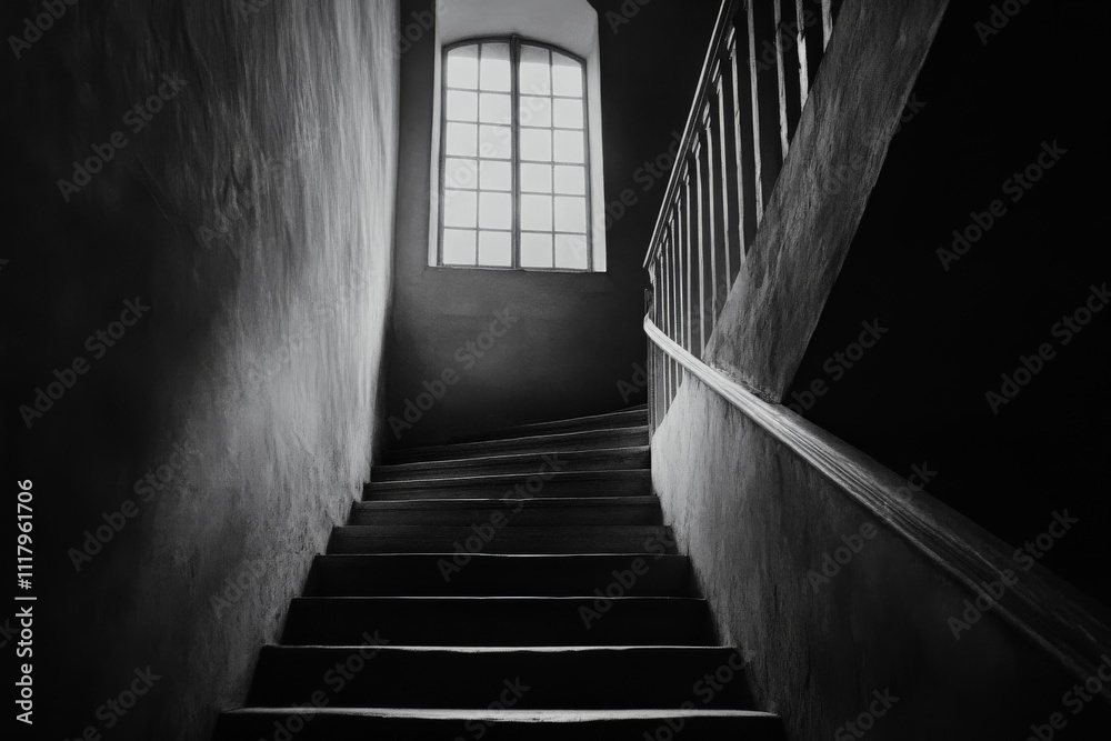 Obraz premium An old-style staircase made of stone, prominently featuring a window casting soft shadows, creating a timeless and historical ambiance with architectural depth.