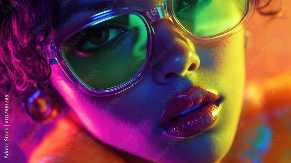 Vivid and vibrant fashion photograph featuring a young woman in colorful glasses, with a hint of retro style. Vivid and vibrant fashion photograph featuring a young woman in colorful glasses, with a hint of retro style.