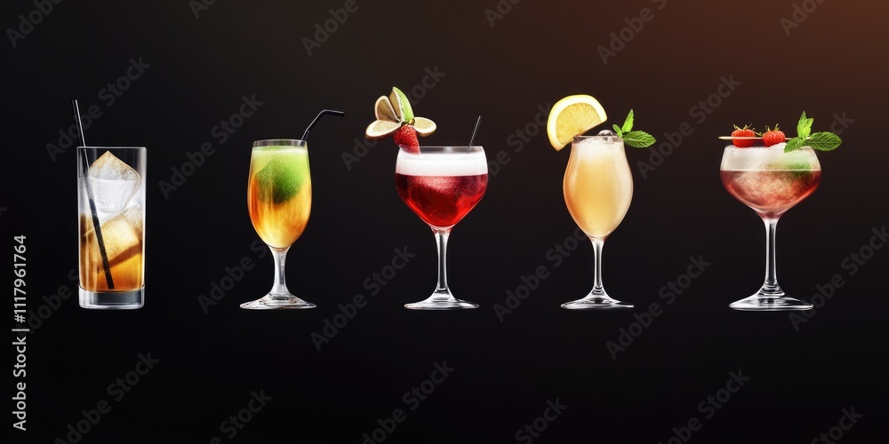 A collection of cocktails in various glasses, each filled with different drinks. The setting suggests a stylish and relaxed social event. A collection of cocktails in various glasses, each filled with different drinks. The setting suggests a stylish and relaxed social event.