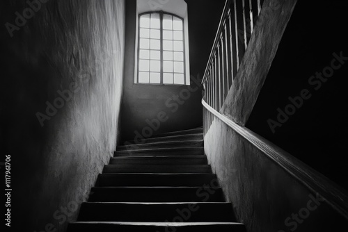 An old-style staircase made of stone  prominently featuring a window casting soft shadows  creating a timeless and historical ambiance with architectural depth.