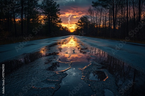 A dramatic sunset casts vivid reflections on a wet road as lightning strikes, capturing a serene yet foreboding atmosphere amidst the silhouetted woodland around. photo