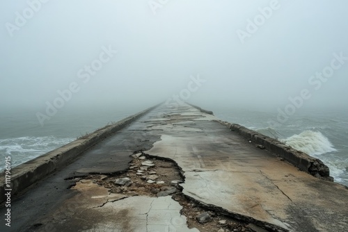 A misty pier covered in cracked asphalt extends far into the fog, merging with the sea, evoking a sense of mystery and undefined horizons, as waves crash gently. photo