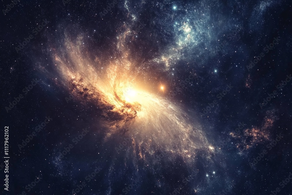 Fototapeta premium A portrayal of a blazing spiral galaxy radiating amidst a vast starry universe, showcasing the brilliant and endless marvel of space and cosmic phenomena.