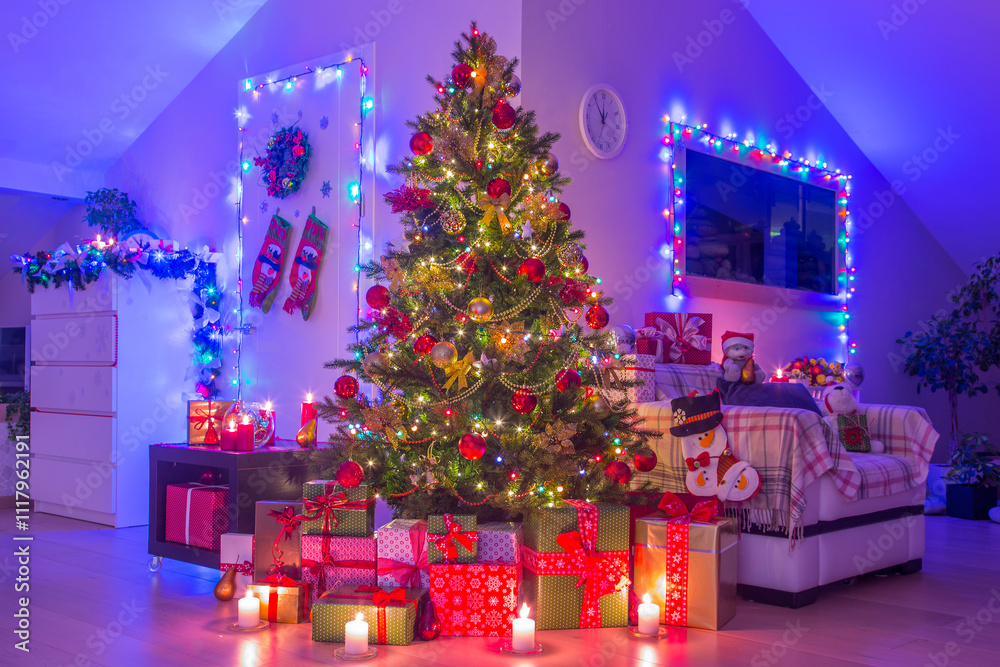 beautifully decorated Christmas tree with bright balls