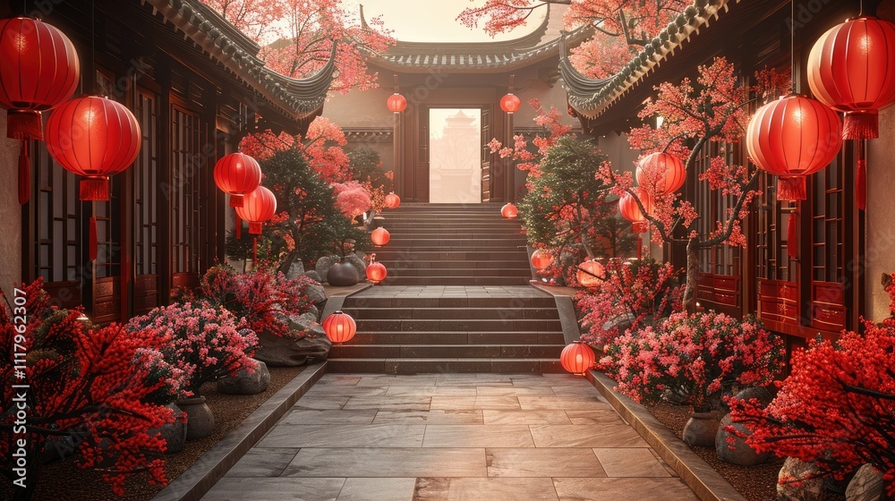Serene Asian garden with red lanterns, stone steps, and blooming plants.