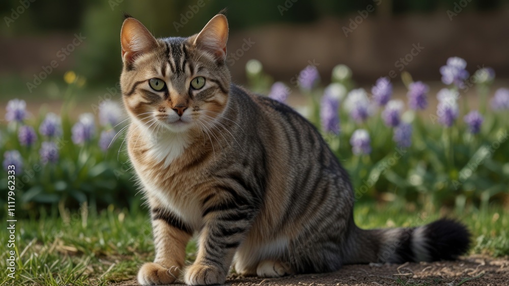Fototapeta premium Tabby cat sitting in garden, flowers background.