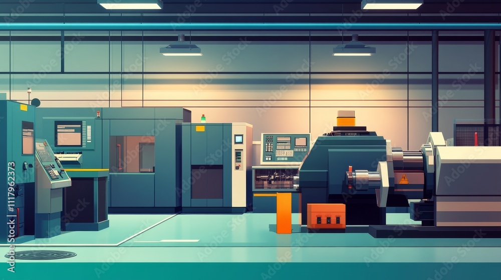 A modern industrial workspace featuring machinery and equipment for manufacturing processes. A modern industrial workspace featuring machinery and equipment for manufacturing processes.