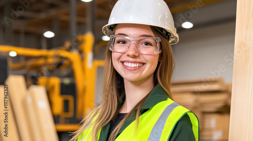 Confident Caucasian Female Construction Worker in Safety Gear Smiling Indoors