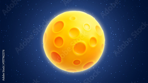 Cartoon yellow full moon with craters 3d vector icon isolated on white background. Cheese planet, moon, asteroid. Cute 3d symbol for children's astronomy education and space theme. Vector illustration