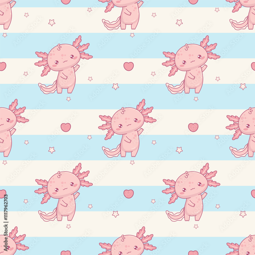 Seamless pattern with cute pink Axolotl on white blue striped background. Funny Little cartoon kawaii character. Vector illustration Seamless pattern with cute pink Axolotl on white blue striped background. Funny Little cartoon kawaii character. Vector illustration