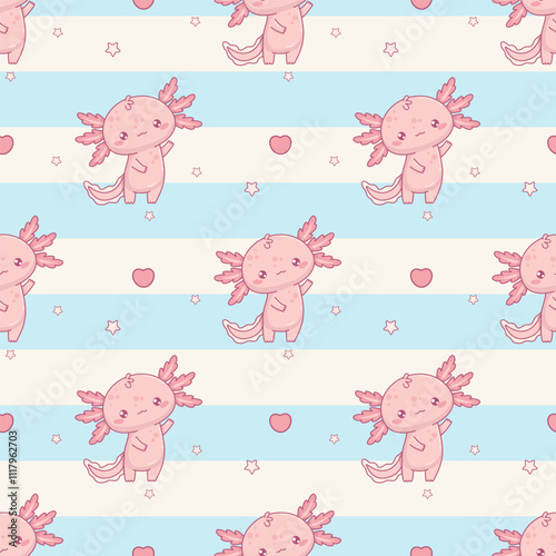 Seamless pattern with cute pink Axolotl on white blue striped background. Funny Little cartoon kawaii character. Vector illustration