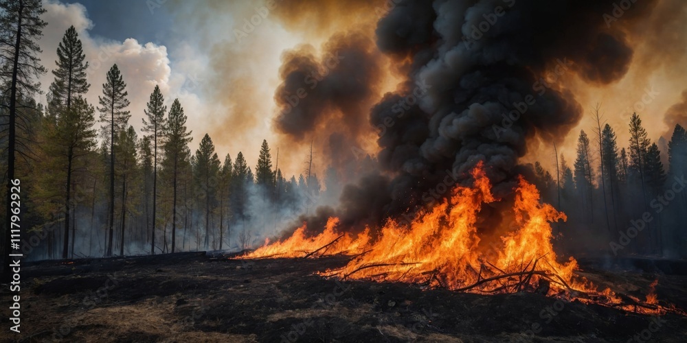 Fototapeta premium Wildfire spreads rapidly through forest during dry summer afternoon