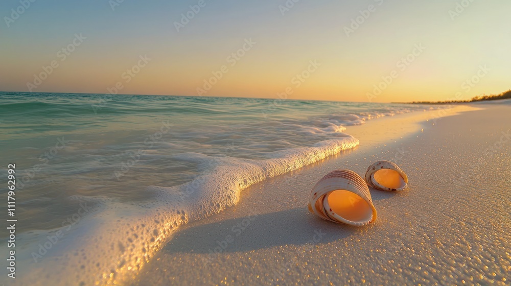 Obraz premium Seashells on a tranquil beach at sunset 