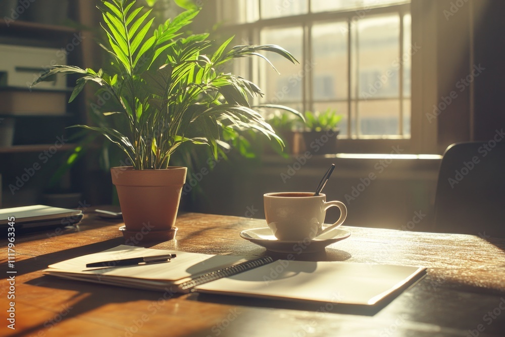 A clean, organized office space with a wooden desk and plants. A cup of coffee sits on the desk next to papers and writing instruments. A clean, organized office space with a wooden desk and plants. A cup of coffee sits on the desk next to papers and writing instruments.