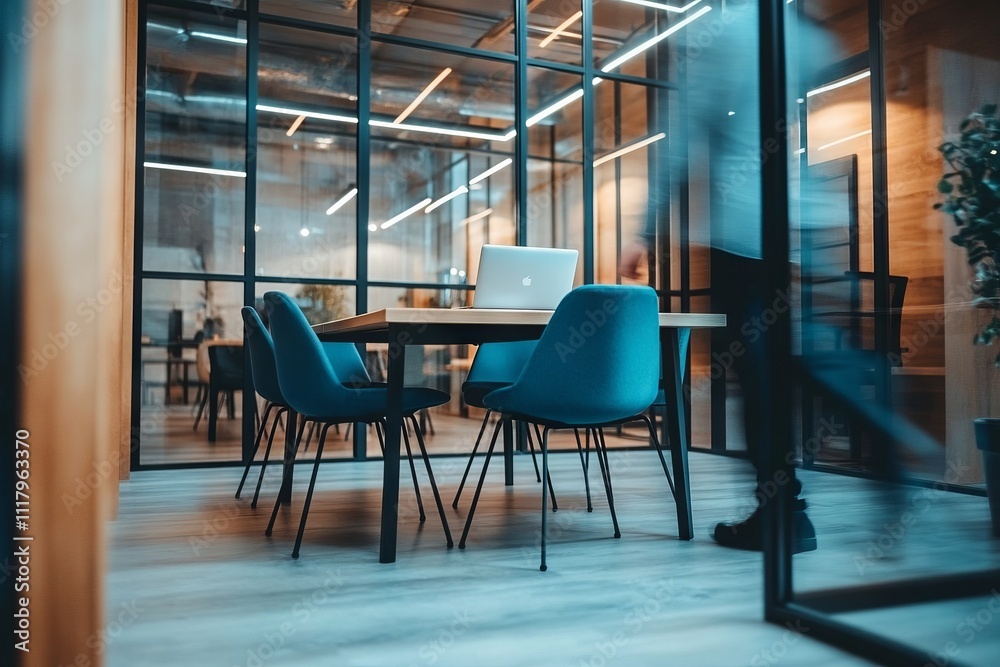 Modern Office Interior with Glass Walls and Blue Chairs. AI generated illustration Modern Office Interior with Glass Walls and Blue Chairs. AI generated illustration