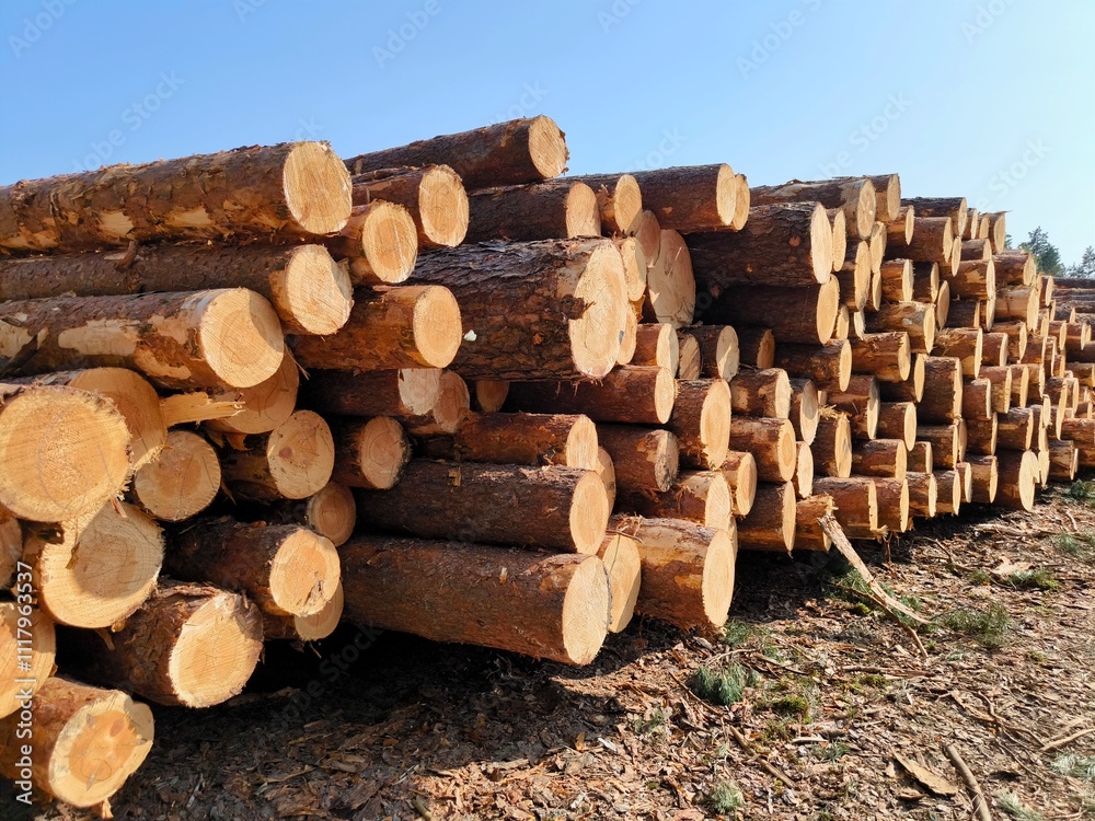 Stacks of freshly cut logs piled along a forest edge. a cut tree in a stack Stacks of freshly cut logs piled along a forest edge. a cut tree in a stack