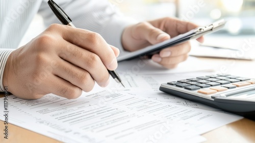 A person is using a pen to write on documents while holding a smartphone, with a calculator visible on the table.