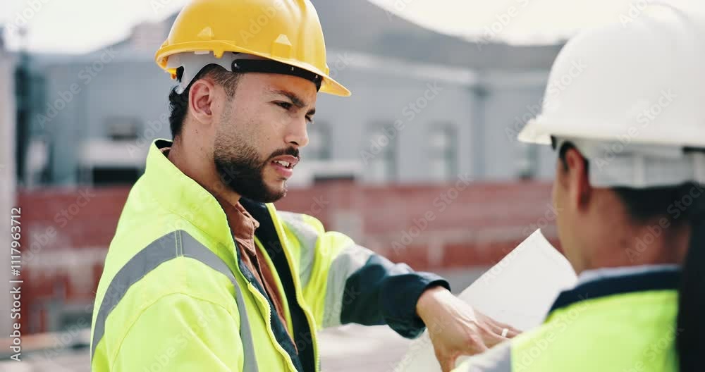 Man, paper and engineer in city for meeting, discussion and project management for urban development. Architect team, talking and outdoor with contractor for brainstorming with construction blueprint