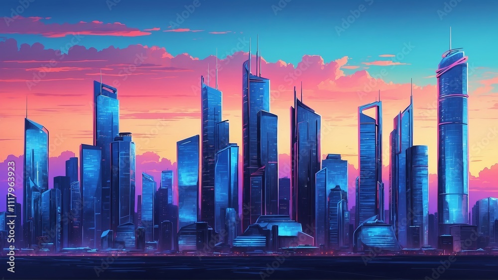 City skyline at sunset with vibrant colors and futuristic architecture City skyline at sunset with vibrant colors and futuristic architecture