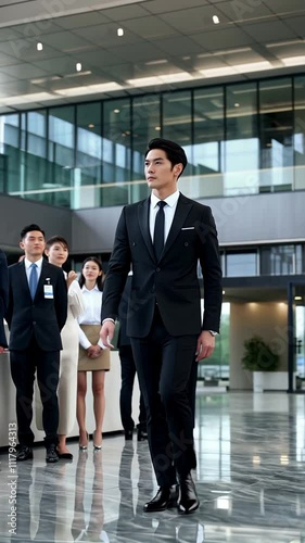 A confident business leader walking through a modern corporate headquarters, employees standing in awe as they pass by