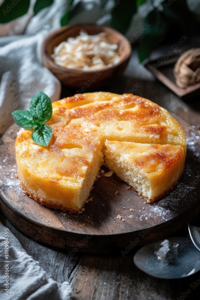 A delectable custard tart topped with lemon zest and grated nutmeg, presented on a rustic wooden serving board. This baked dessert is both visually appealing and a delightful treat for the palate. A delectable custard tart topped with lemon zest and grated nutmeg, presented on a rustic wooden serving board. This baked dessert is both visually appealing and a delightful treat for the palate.