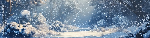 Snowy Winter Road in a Forest with Falling Snowflakes. AI generated illustration