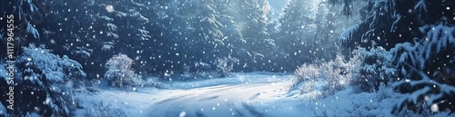 Snowy Winter Road in a Forest with Falling Snowflakes. AI generated illustration