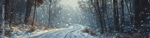 Snowy Winter Road in a Forest with Falling Snowflakes. AI generated illustration