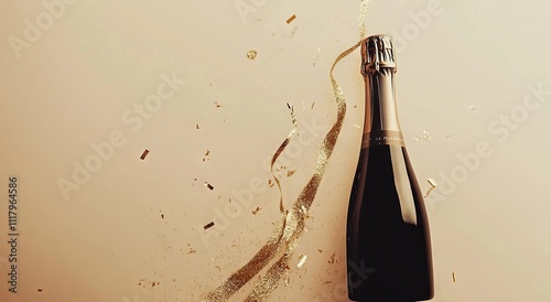 Champagne Bottle with Golden Streamers and Confetti on a Beige Background. AI generated illustration