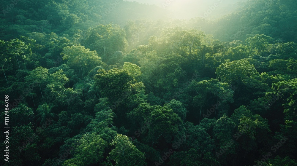 A lush, misty forest under a bright sun. A serene environment for wildlife.