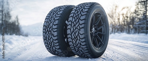 Winter Tires on Snowy Road. AI generated illustration
