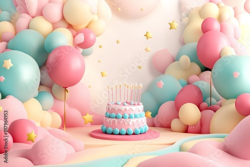 3D Cartoon Birthday Background with Cake and Balloons. AI generated illustration