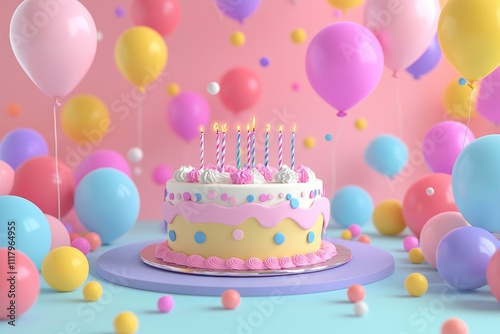 3D Cartoon Birthday Background with Cake and Balloons. AI generated illustration