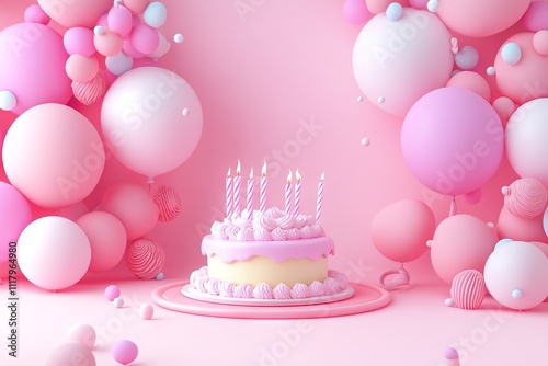 3D Cartoon Birthday Background with Cake and Balloons. AI generated illustration