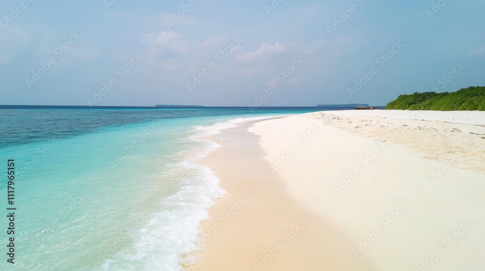 Serene beach with soft waves lapping at the shore under a clear sky. Serene beach with soft waves lapping at the shore under a clear sky.