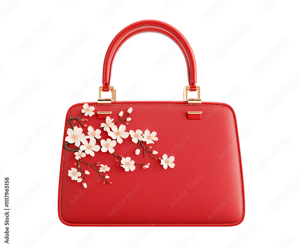 Chinese fashion red handbag, traditional embroidered with golden floral pattern, cutout png Chinese fashion red handbag, traditional embroidered with golden floral pattern, cutout png