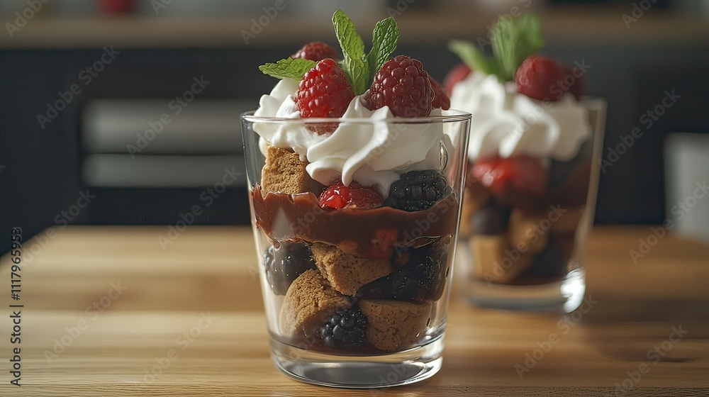 A delicious dessert parfait layered with berries, whipped cream, and cookies in a glass. A delicious dessert parfait layered with berries, whipped cream, and cookies in a glass.