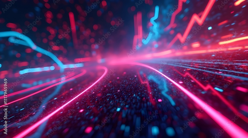 Obraz premium Stunning depiction of vibrant abstract waves with glowing light particles, showcasing dynamic motion and a brilliant color palette that evokes energy and creativity.